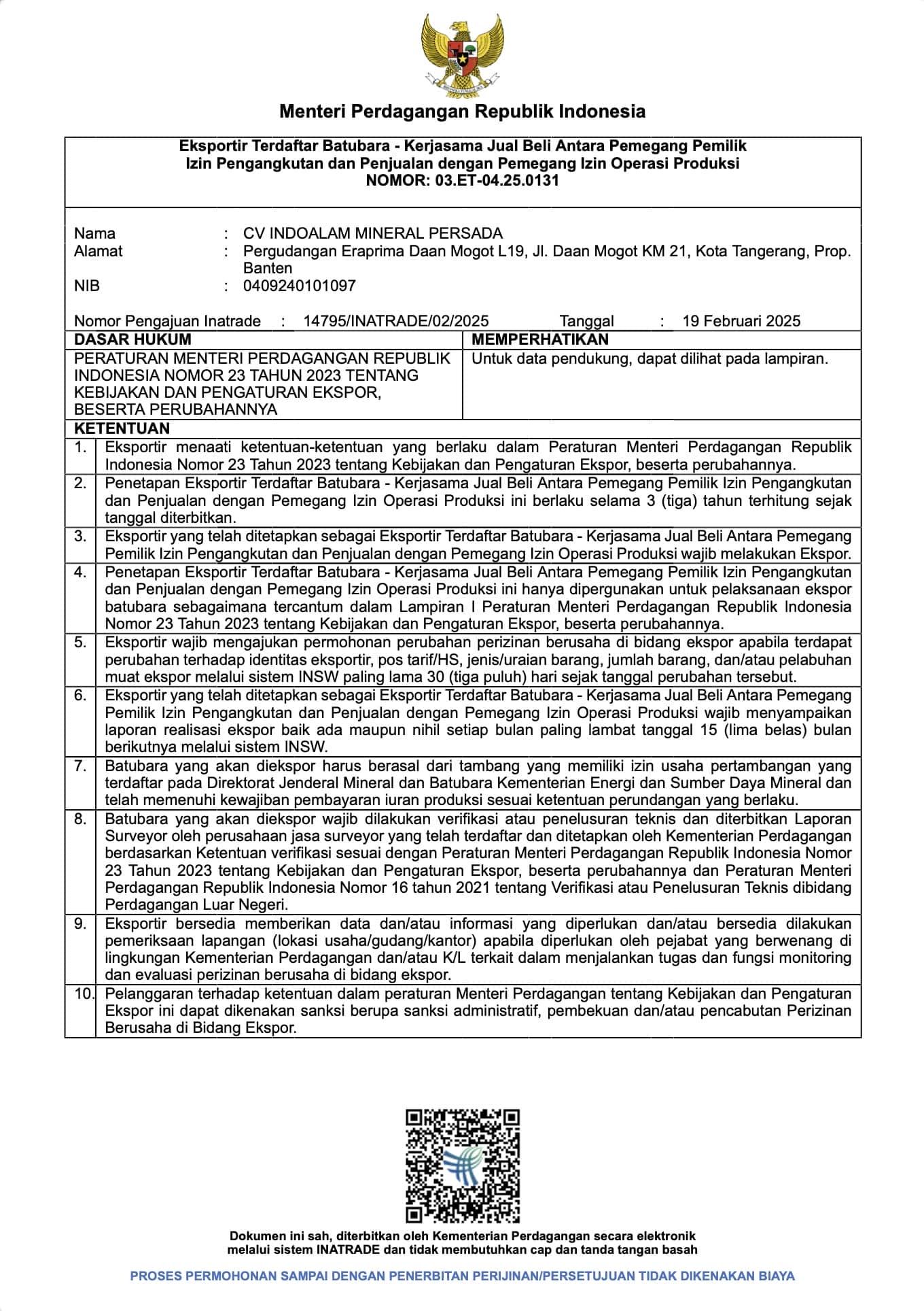 ET Batubara (Registered Coal Exporter)